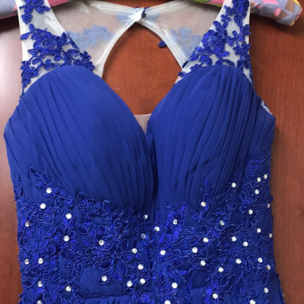 blue prom dress has been altered to fit 5’4”
